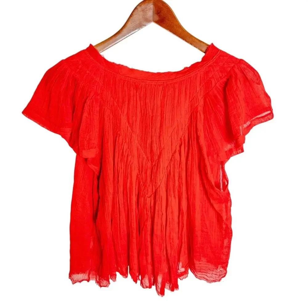 Free People One Padma Crinkle Gauze Flutter Sleeve V-Neck Top Medium